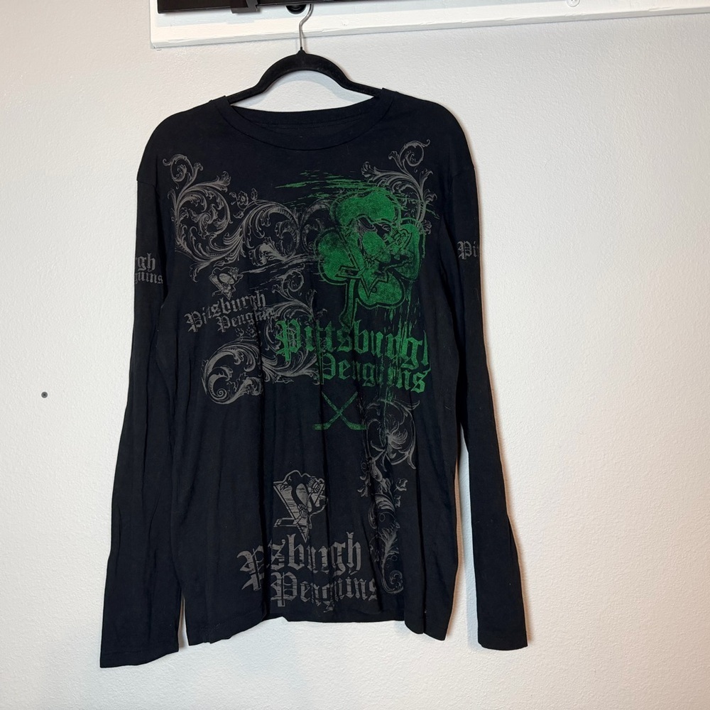 Pittsburgh Penguin St Patrick's Day Long Sleeve Shirt Size Large Y2K Black Green